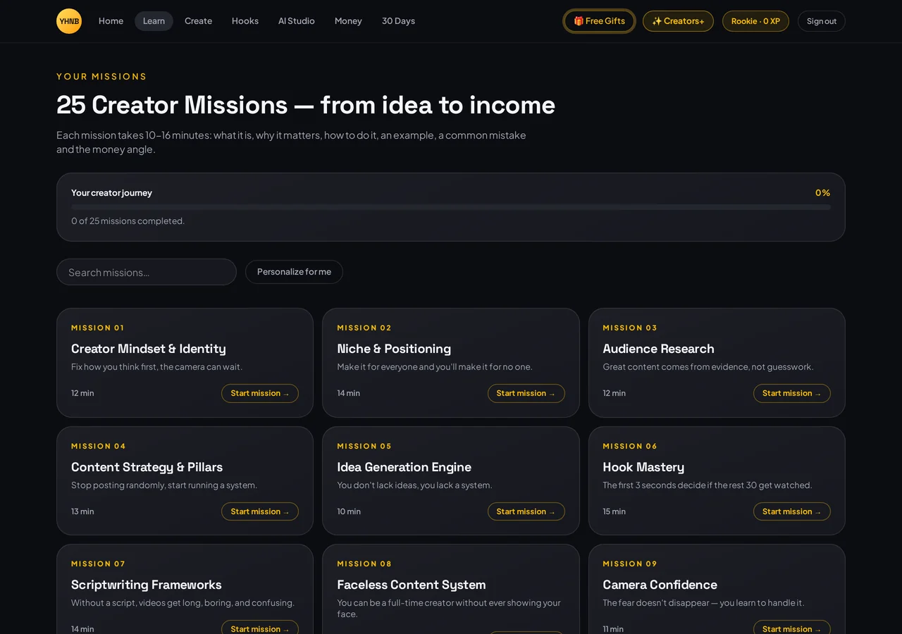25 mission-style creator missions — YHNB Creators product screenshot